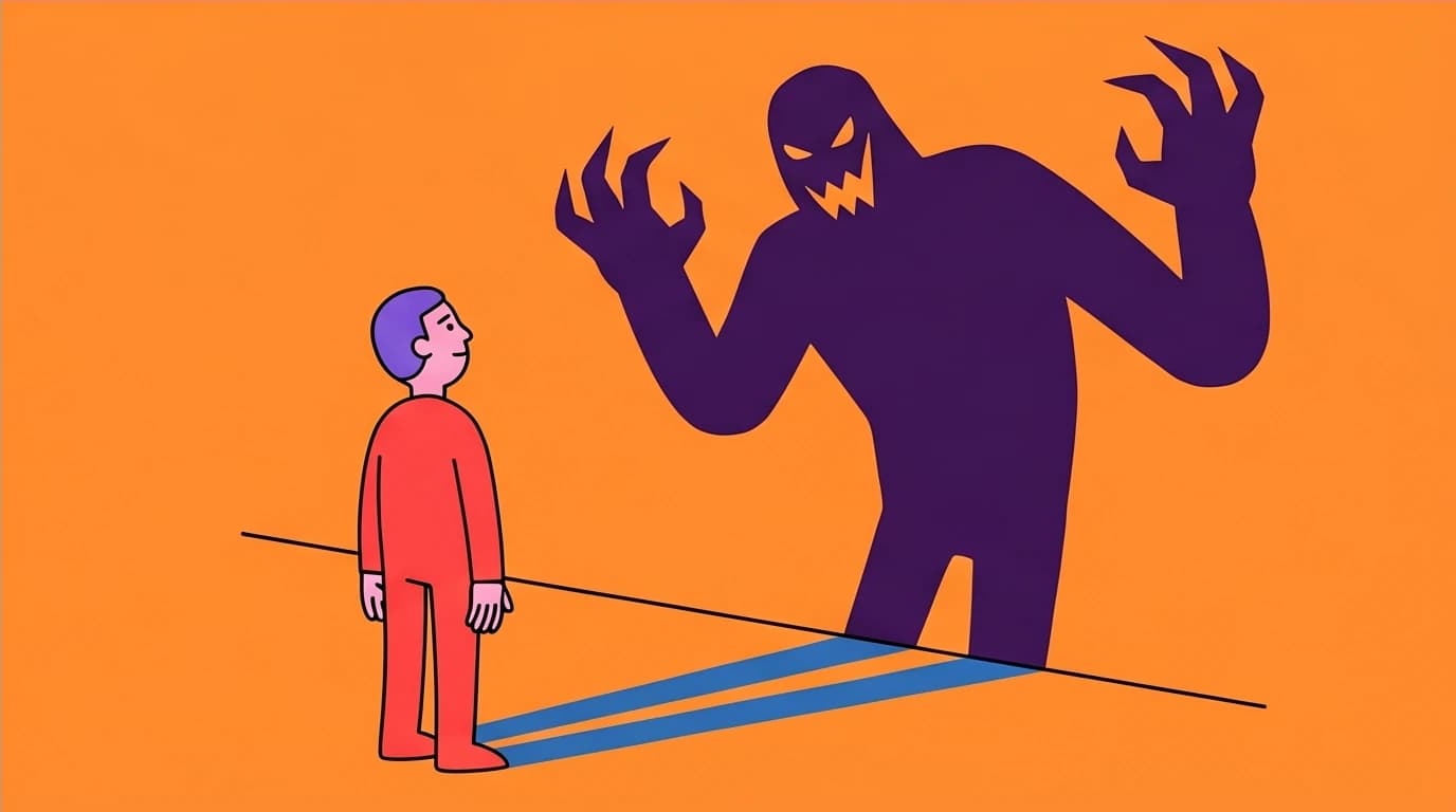 A character confronting their large, distorted shadow self, symbolizing a core idea in Robert Greene's human behavior quotes.