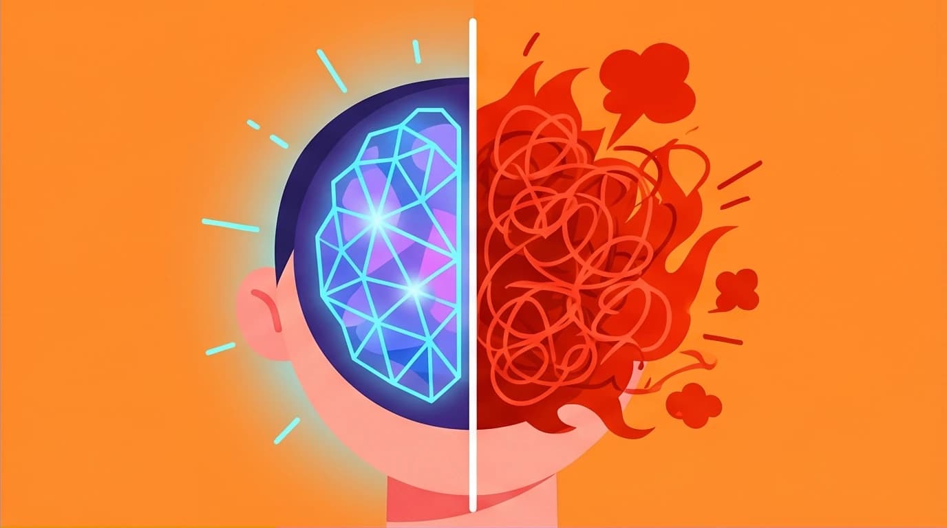 A character's head is split between calm logic and chaotic emotion, illustrating the Law of Irrationality from Robert Greene's human nature summary.