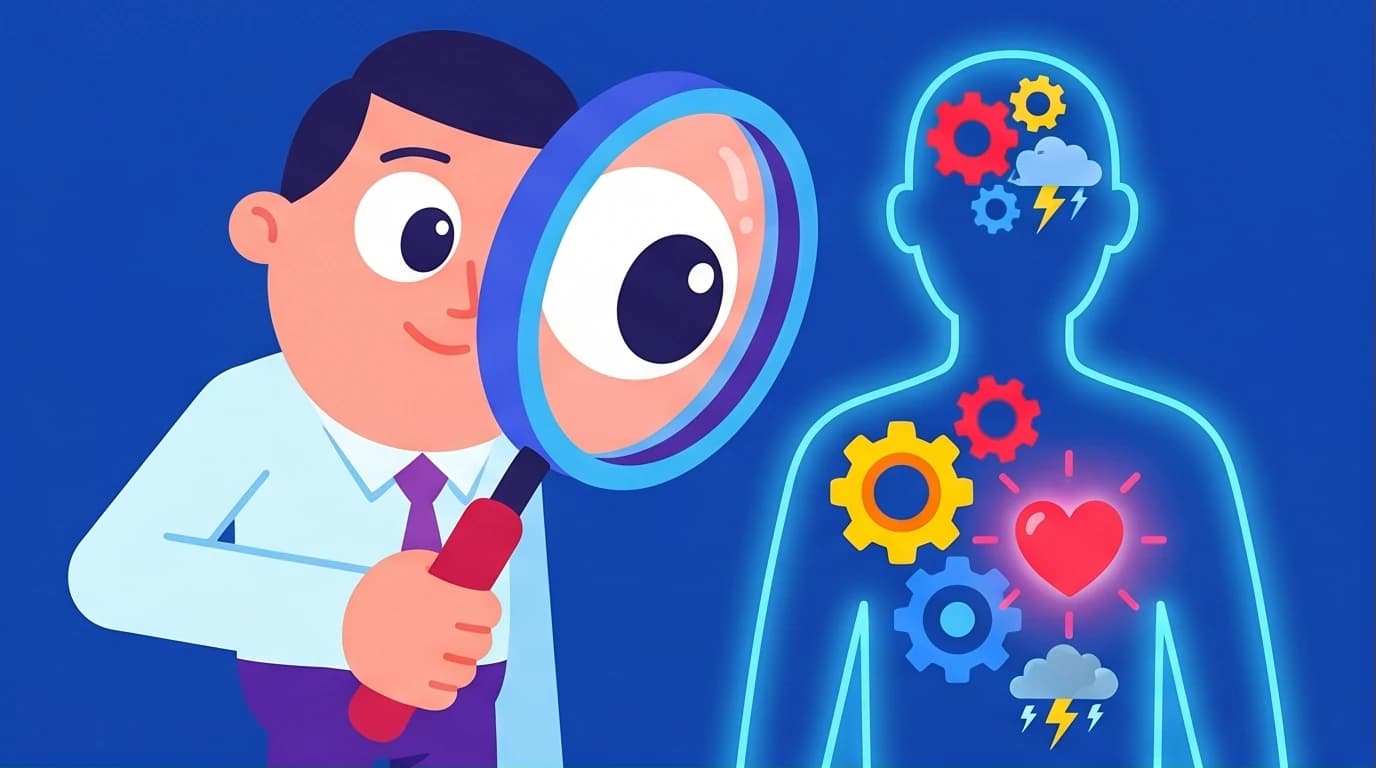 An illustration showing a person decoding the inner psychological workings of another, representing a summary of Robert Greene's The Laws of Human Nature.