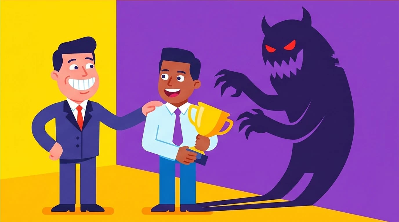 A character's monstrous shadow reveals their true envy while they pretend to be friendly, visualizing a key toxic trait from The Laws of Human Nature.