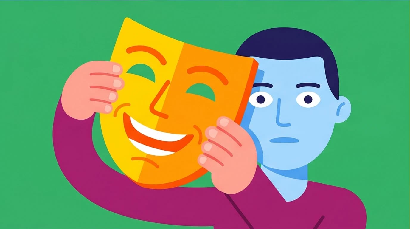 An illustration of a character removing a social mask from another's face, a key concept for decoding human behavior in The Laws of Human Nature.