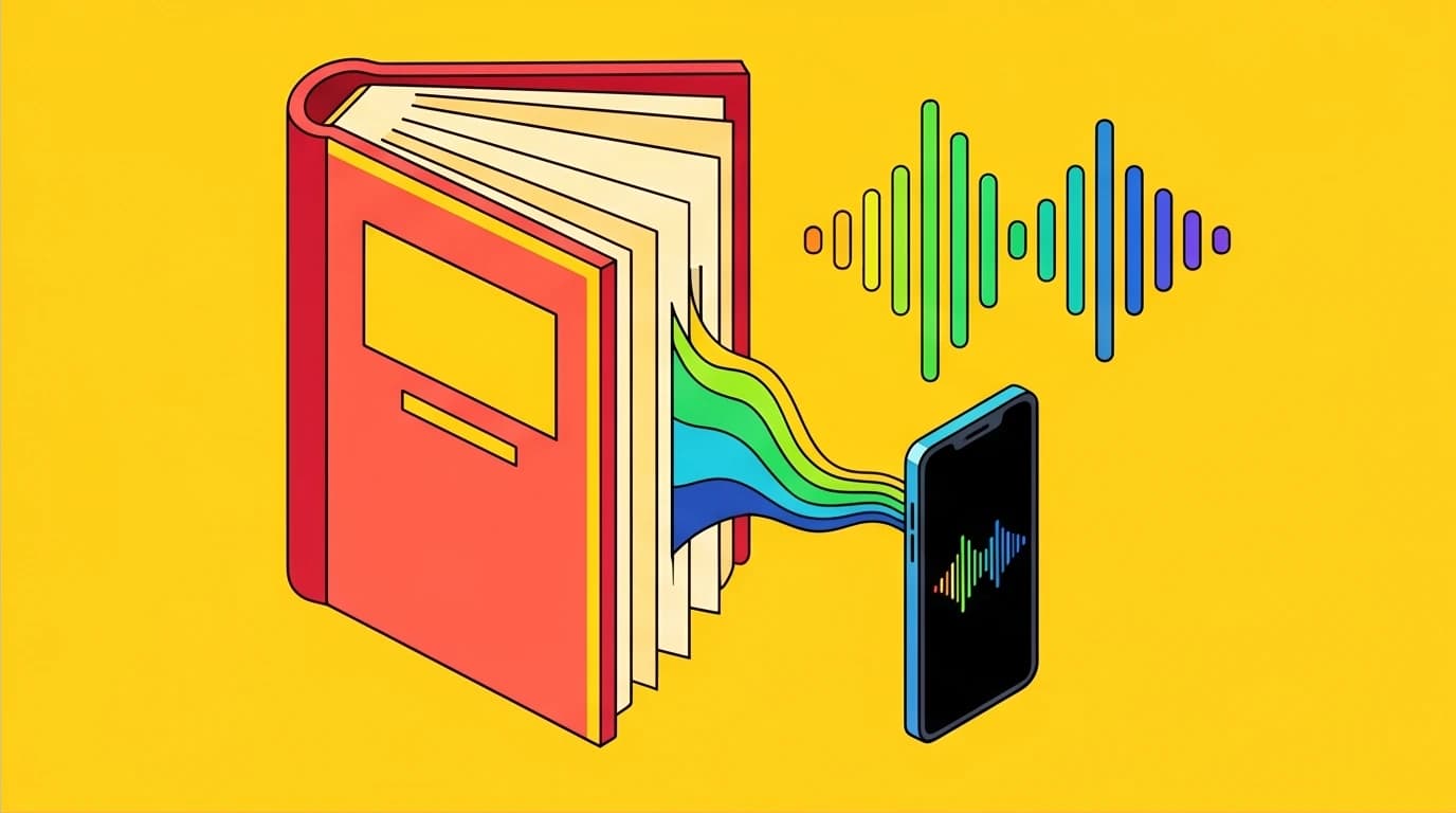 Illustration of a large book being converted into an audio summary on a phone, a fast way to consume The Mountain Is You by Brianna Wiest.