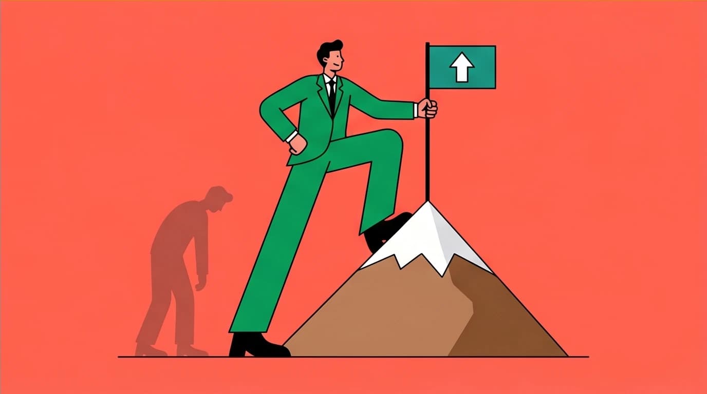 A character stands on a mountain summit, illustrating the concept of building your future self after overcoming obstacles from The Mountain Is You.