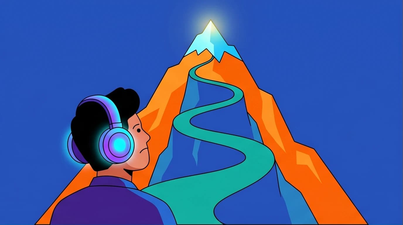 A person with headphones faces a symbolic mountain, representing the journey to overcome self-sabotage by listening to The Mountain Is You audiobook.