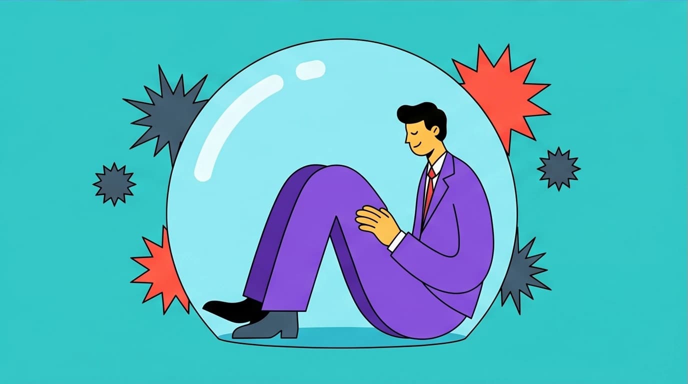 A character is protected by a bubble, symbolizing self-sabotage as a coping mechanism, a core theme in The Mountain Is You audiobook.