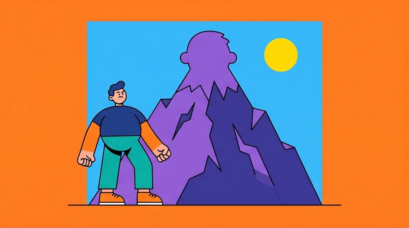 Illustration of a person facing a mountain shaped like their own head, symbolizing the core message of The Mountain Is You quotes on overcoming self-sabotage.