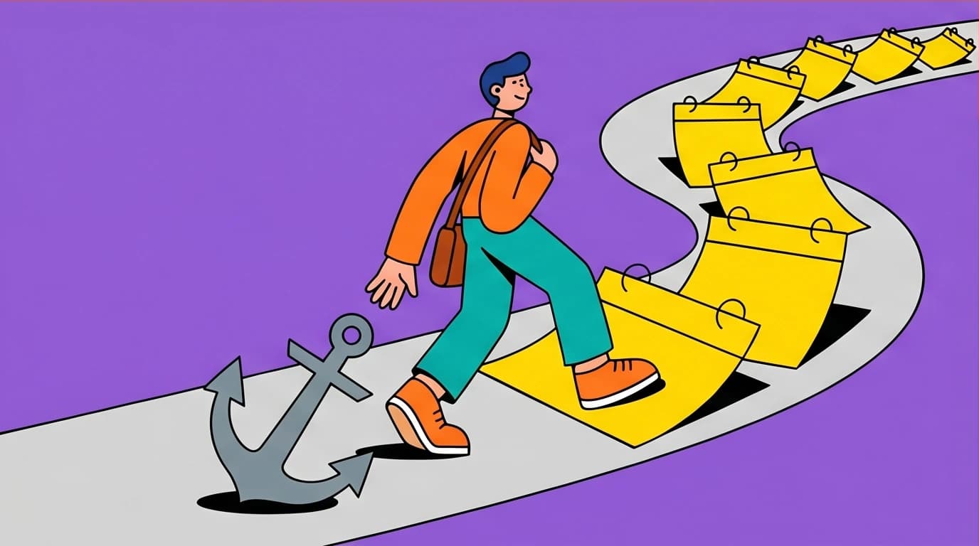A person on a path of calendar days dropping heavy anchors, a visual for The Mountain Is You quotes about the daily process of letting go.