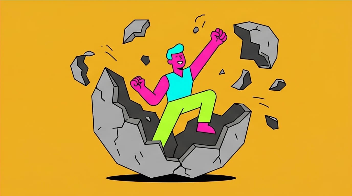 A vibrant figure breaks free from a stone shell, illustrating the concept of transformation and letting go to achieve personal mastery and healing.