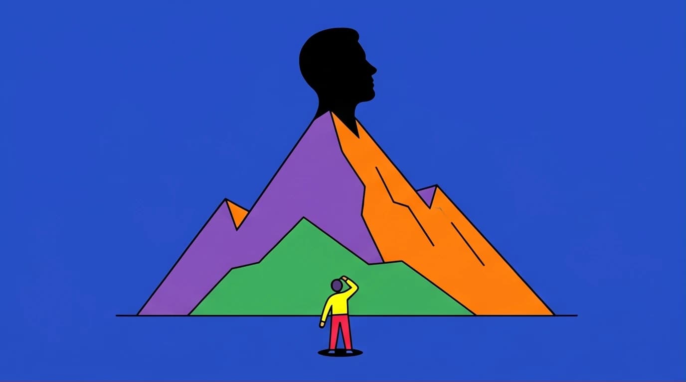 An illustration symbolizing The Mountain Is You quotes, where a person sees that their own silhouette forms the peak of a huge mountain obstacle.