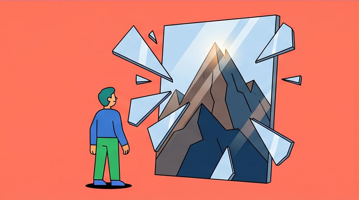 A character seeing a mountain instead of themselves in a shattered mirror, representing the core realization for personal growth from Brianna Wiest's work.
