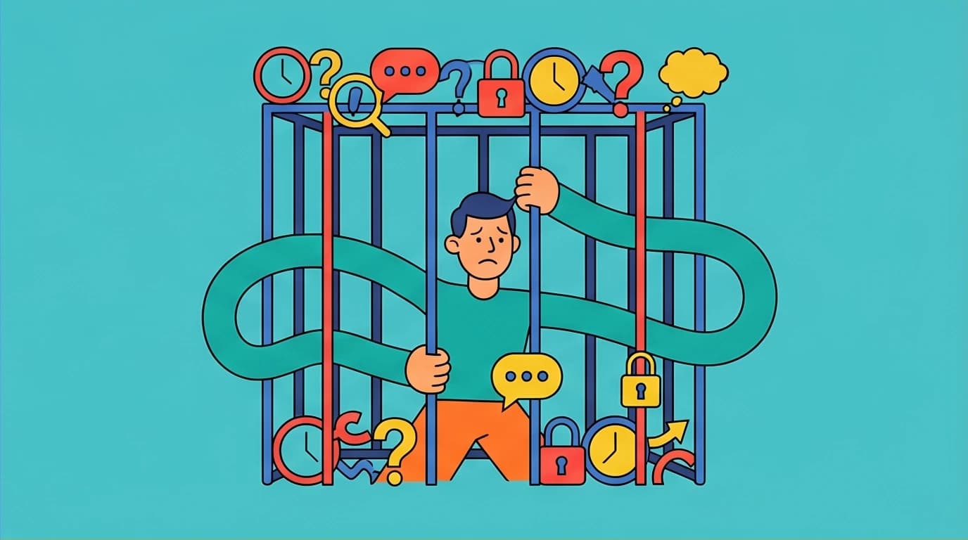 A person building a cage of fear around themselves, a visual metaphor from The Mountain Is You for how self-sabotage is a misguided protective instinct.