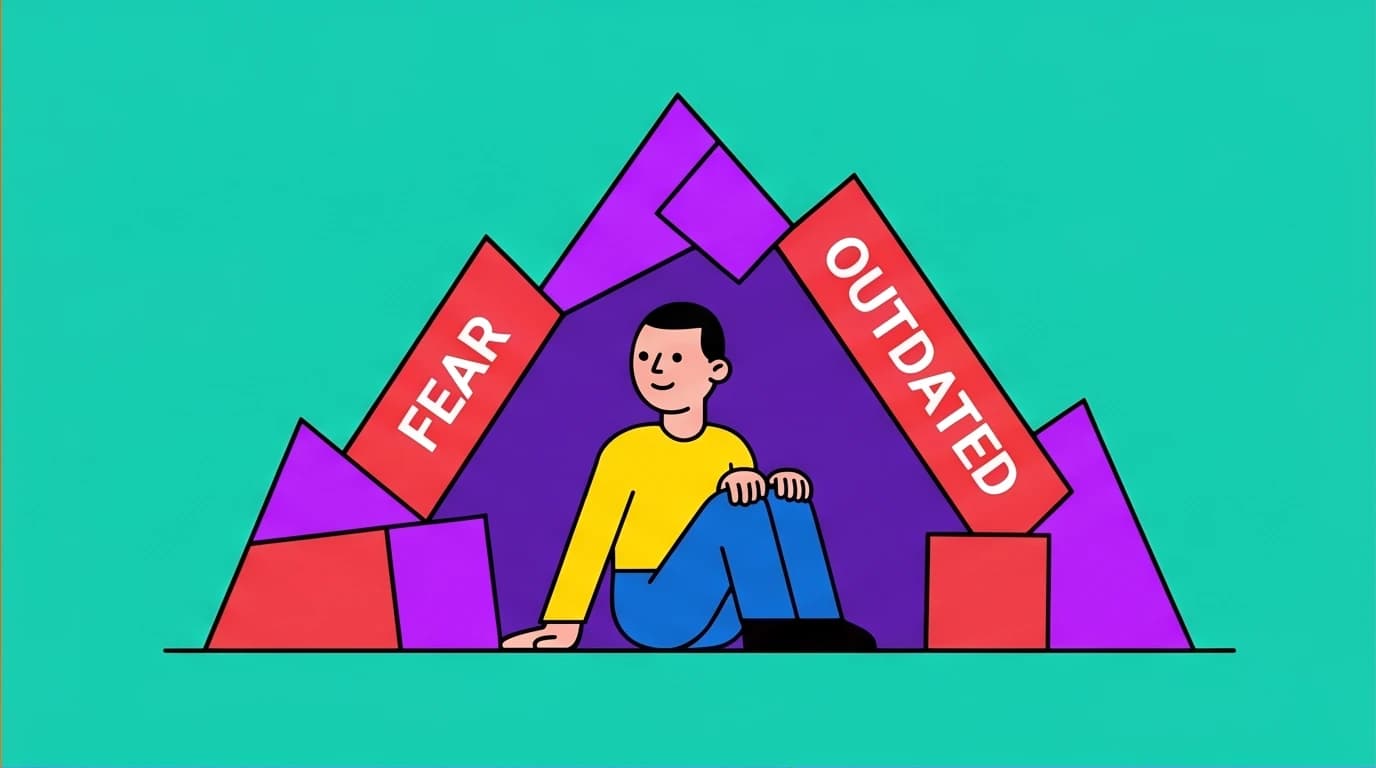 Illustration of the core concept in 'The Mountain Is You': a person building a mountain around themselves, showing self-sabotage as a misguided coping mechanism.