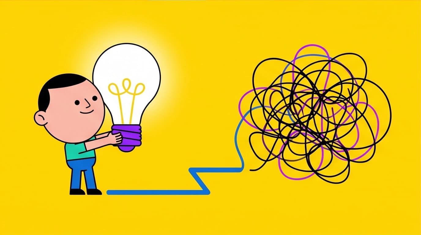 A character holding an idea lightbulb but facing a tangled path, symbolizing the critique that 'The Mountain Is You' lacks actionable, step-by-step advice.