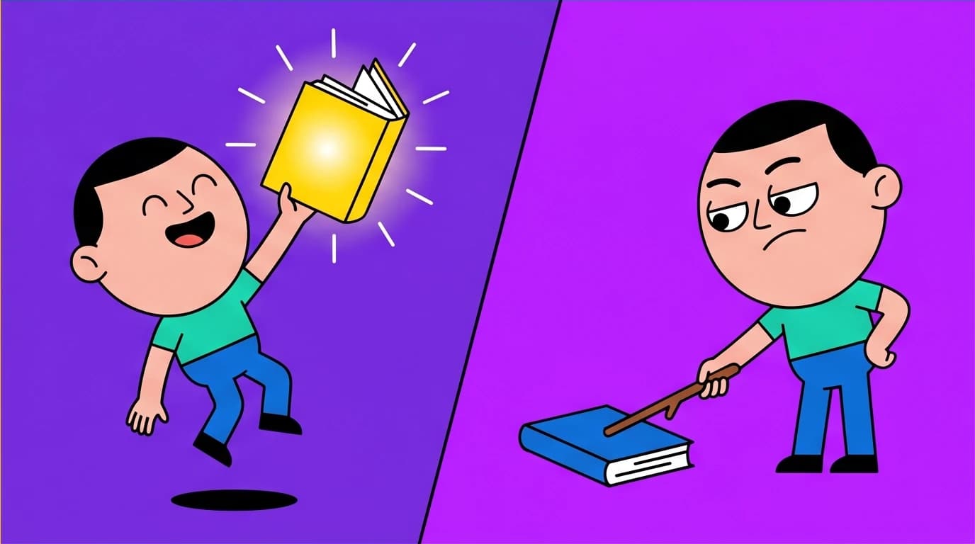 A split image showing one person uplifted by a book and another unimpressed, representing the divided public opinion and Reddit reviews of 'The Mountain Is You'.