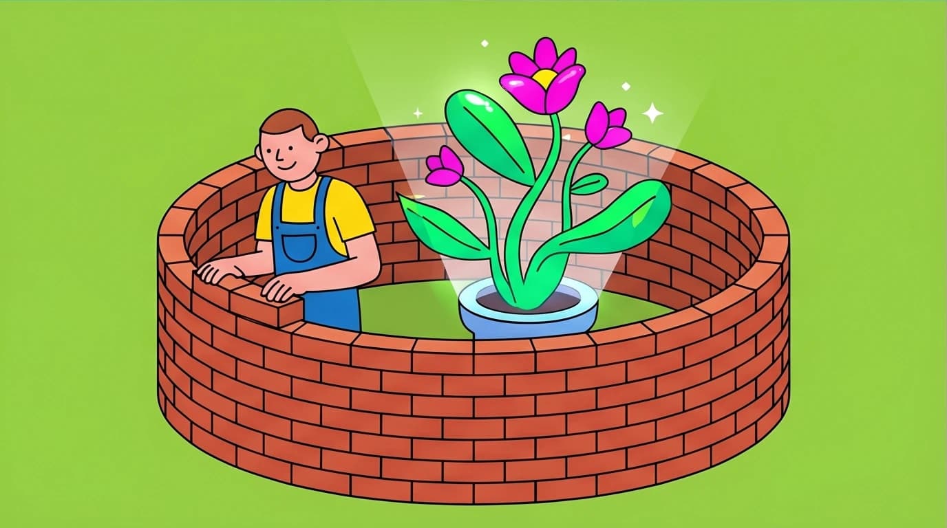 Illustration of self-sabotage as a misguided coping mechanism, showing a person happily trapping themselves behind a wall they built.
