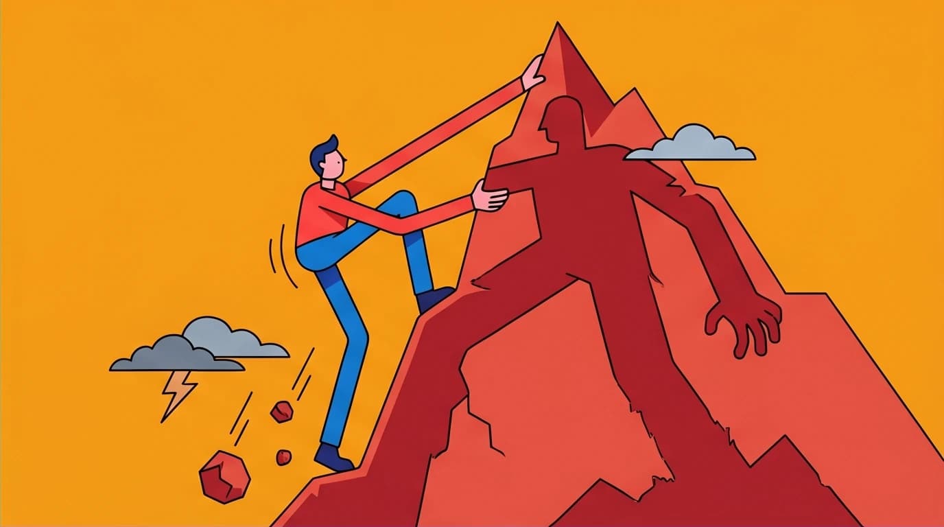 A person climbing a mountain shaped like their own body, illustrating the core idea of self-sabotage from The Mountain Is You book review.