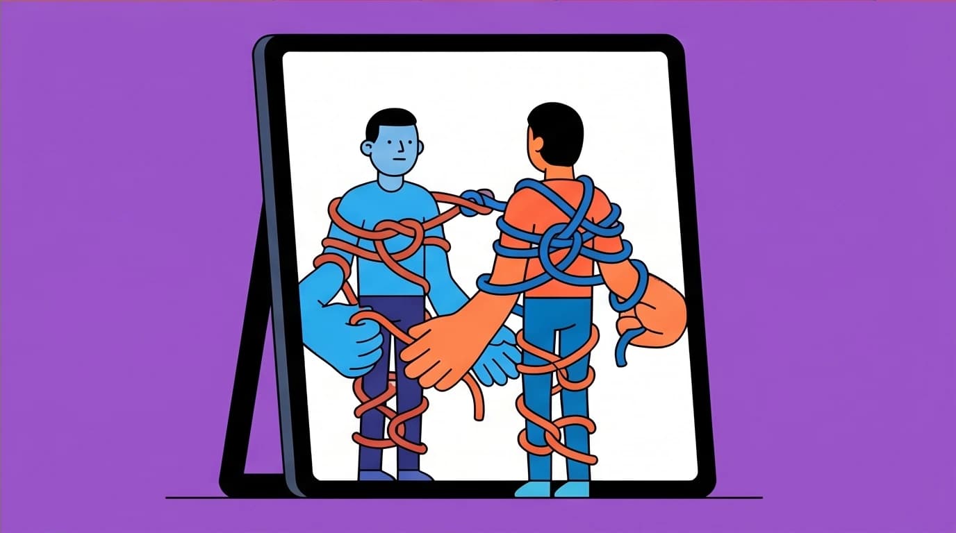 A person sees their reflection tying knots on itself in a mirror, a metaphor for self-awareness from the Brianna Wiest book review.