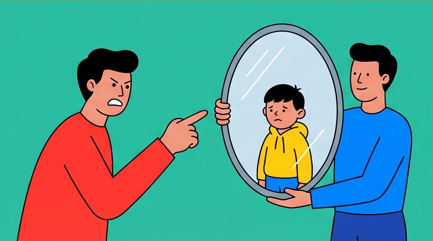 An illustration showing emotional triggers are mirrors to our inner trauma, a core idea on self-mastery from Brianna Wiest's The Mountain Is You.