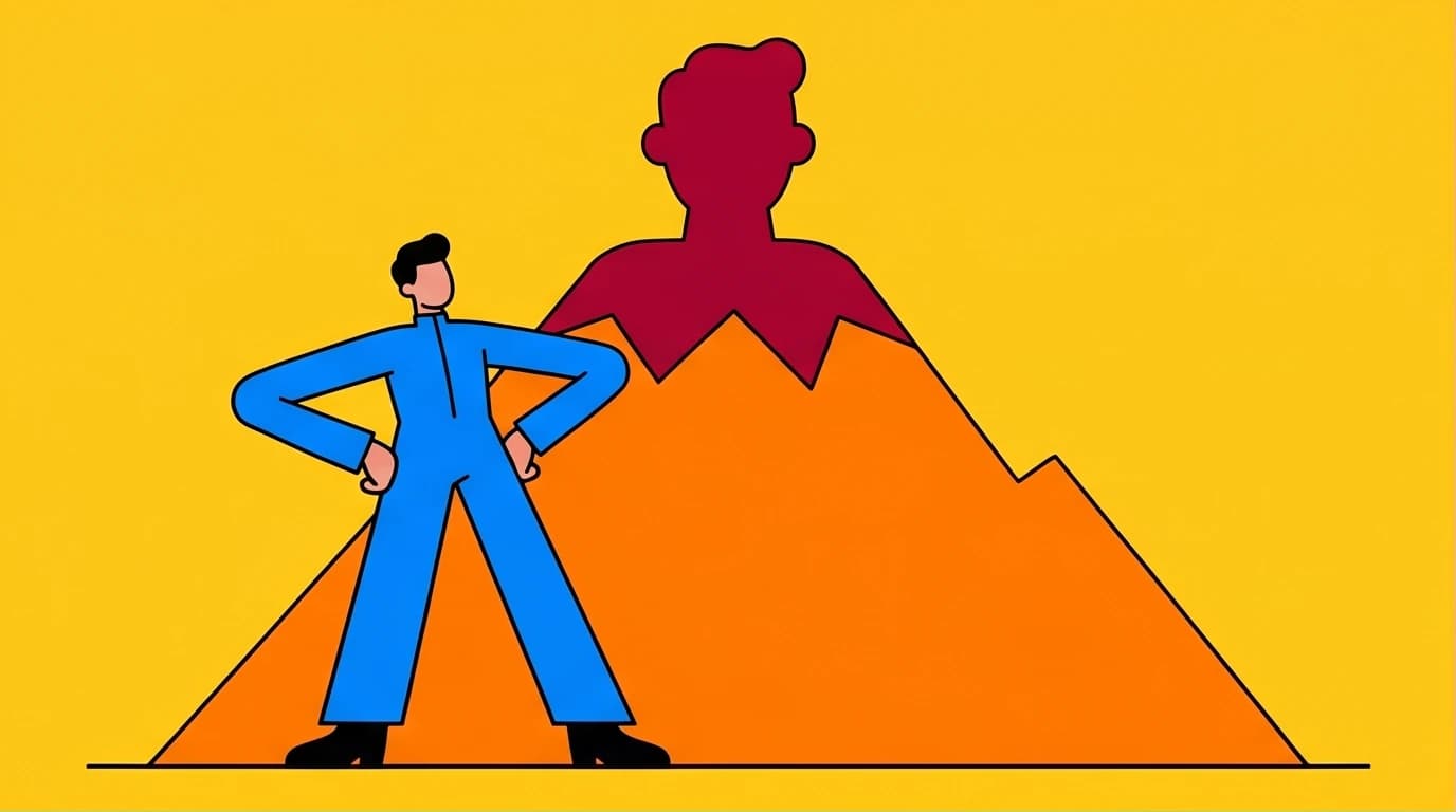 An illustration for The Mountain Is You summary, showing a person facing a huge mountain shaped like their own silhouette, symbolizing self-sabotage as an internal obstacle.