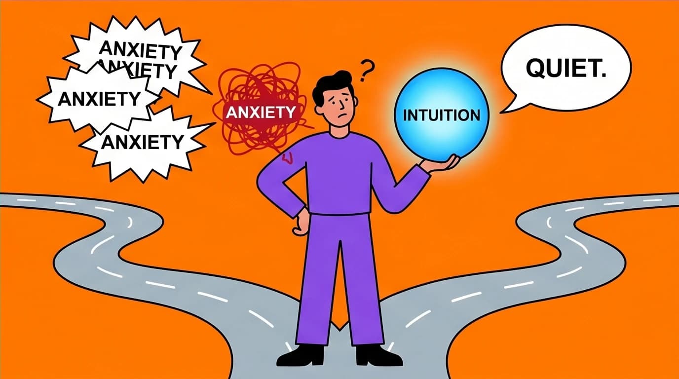 Visual guide differentiating loud anxiety from quiet intuition, a key takeaway for stopping self-sabotage from The Mountain Is You summary.