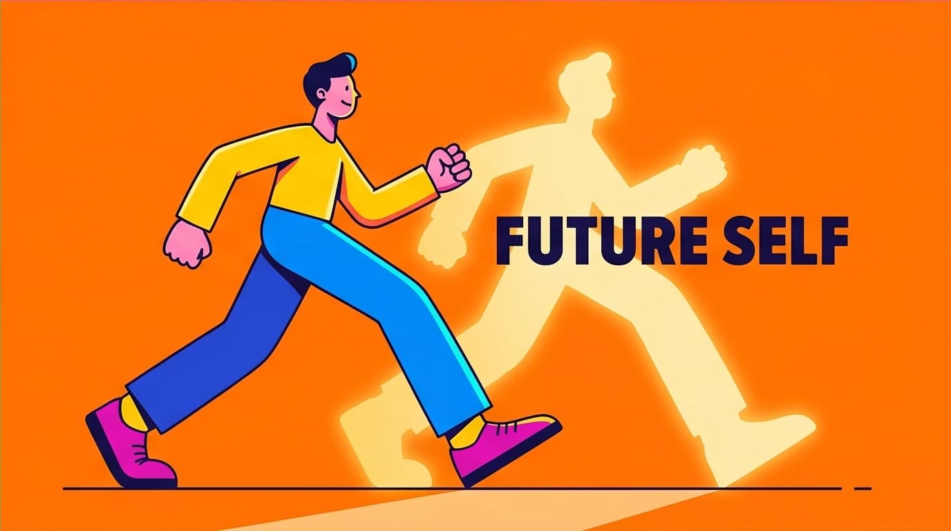 A character follows the path of their idealized 'Future Self,' demonstrating how to build a new future by taking action to overcome self-sabotage.