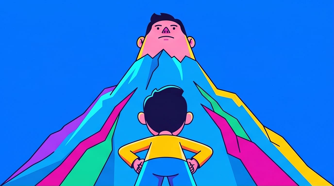 A person realizes they are the mountain they must climb, a core concept from 'The Mountain Is You' about overcoming self-sabotage.