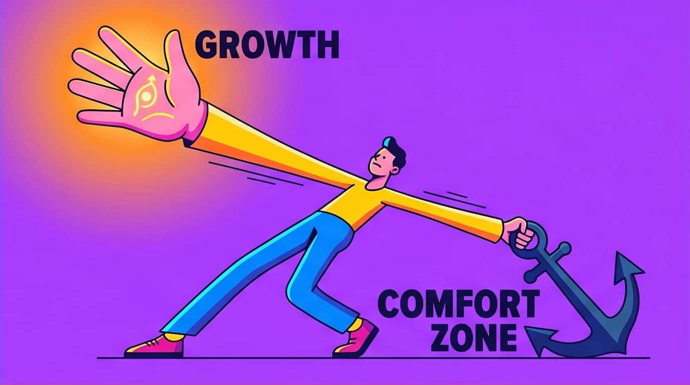 A character is torn between a rising path to growth and the anchor of their comfort zone, illustrating the root cause of self-sabotage.