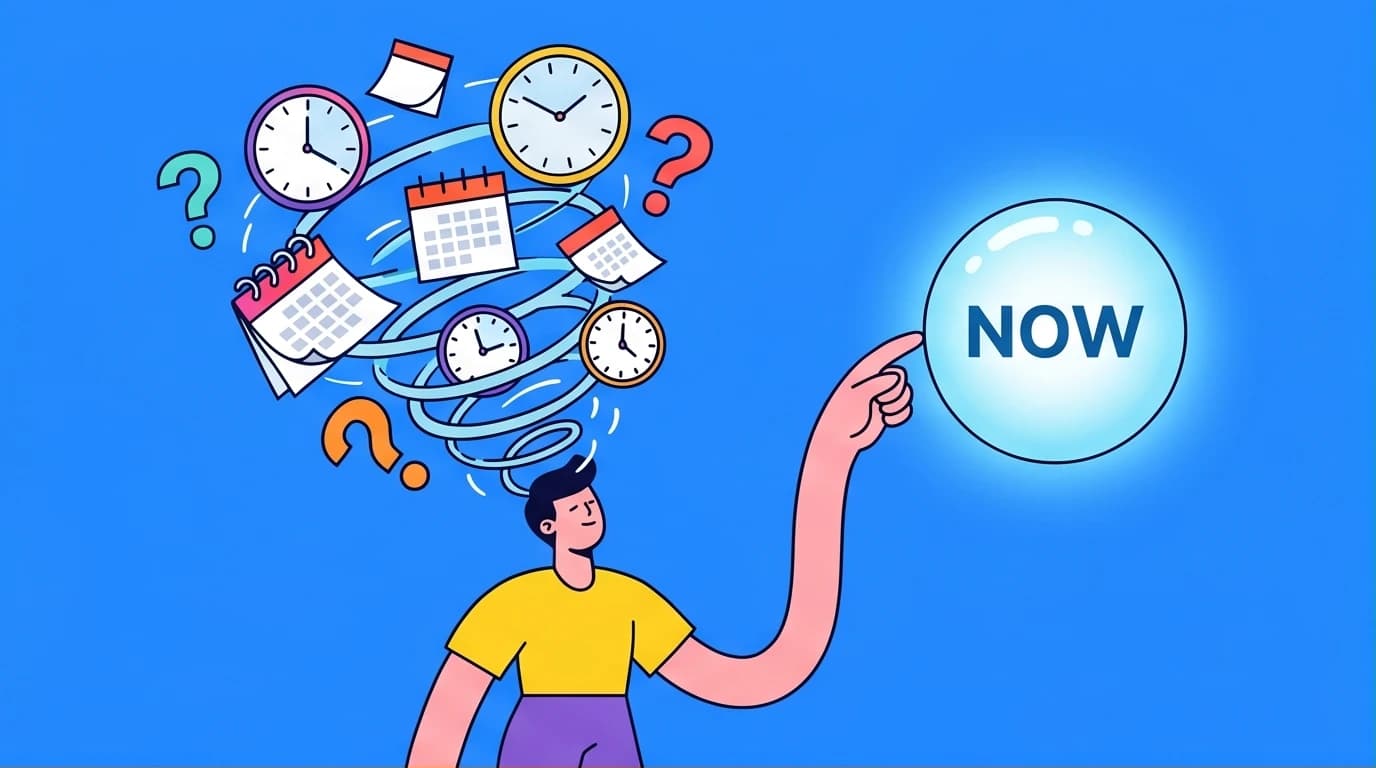 An illustration of a person quieting a chaotic mind to touch a glowing orb of the "Now," representing Eckhart Tolle's Power of Now quotes for inner peace.