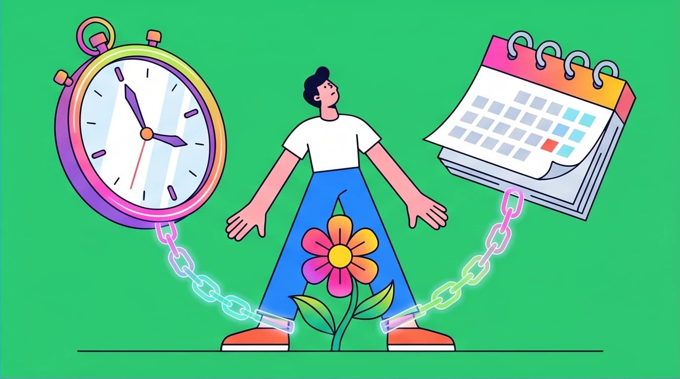 A person chained to time ignores the present moment, illustrating an Eckhart Tolle quote about the illusion of time from The Power of Now.