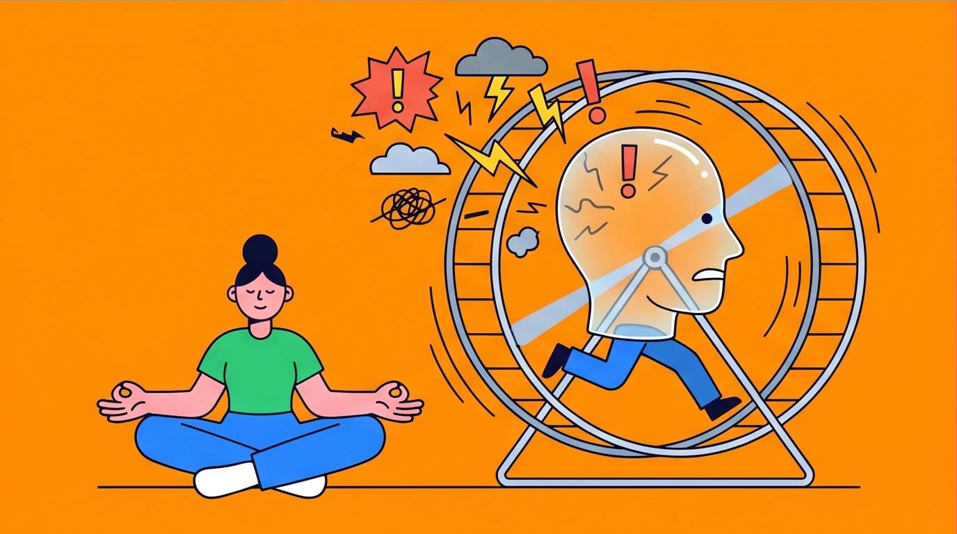 An illustration showing a person calmly observing their own chaotic ego, a concept from The Power of Now quotes about the unobserved mind.