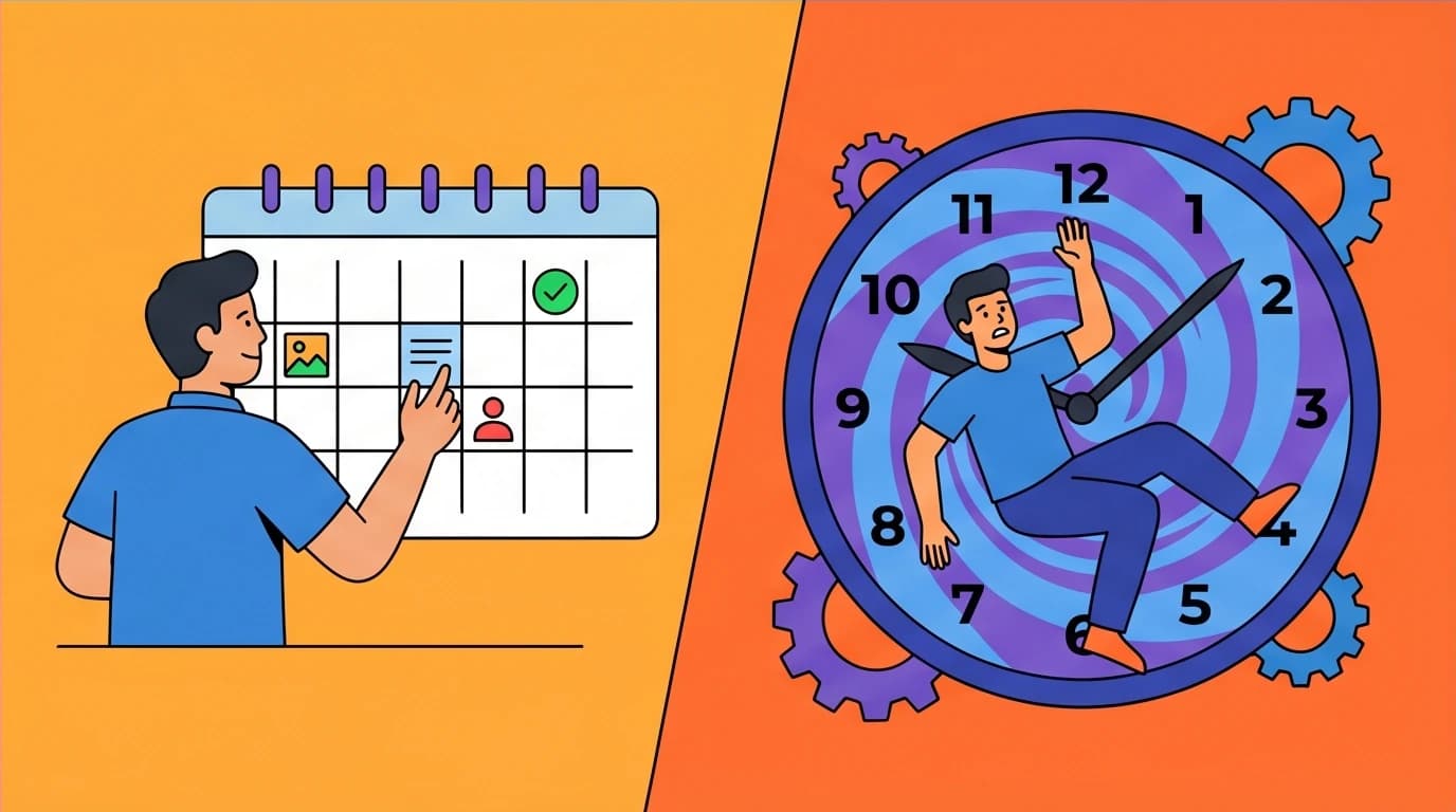 A split-screen illustration showing the difference between practical 'clock time' and stressful 'psychological time' from The Power of Now.