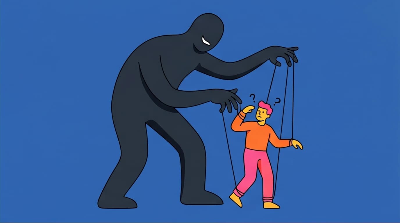 A visual metaphor of the ego as a shadow puppeteer controlling a person, illustrating a key concept from Eckhart Tolle's The Power of Now.