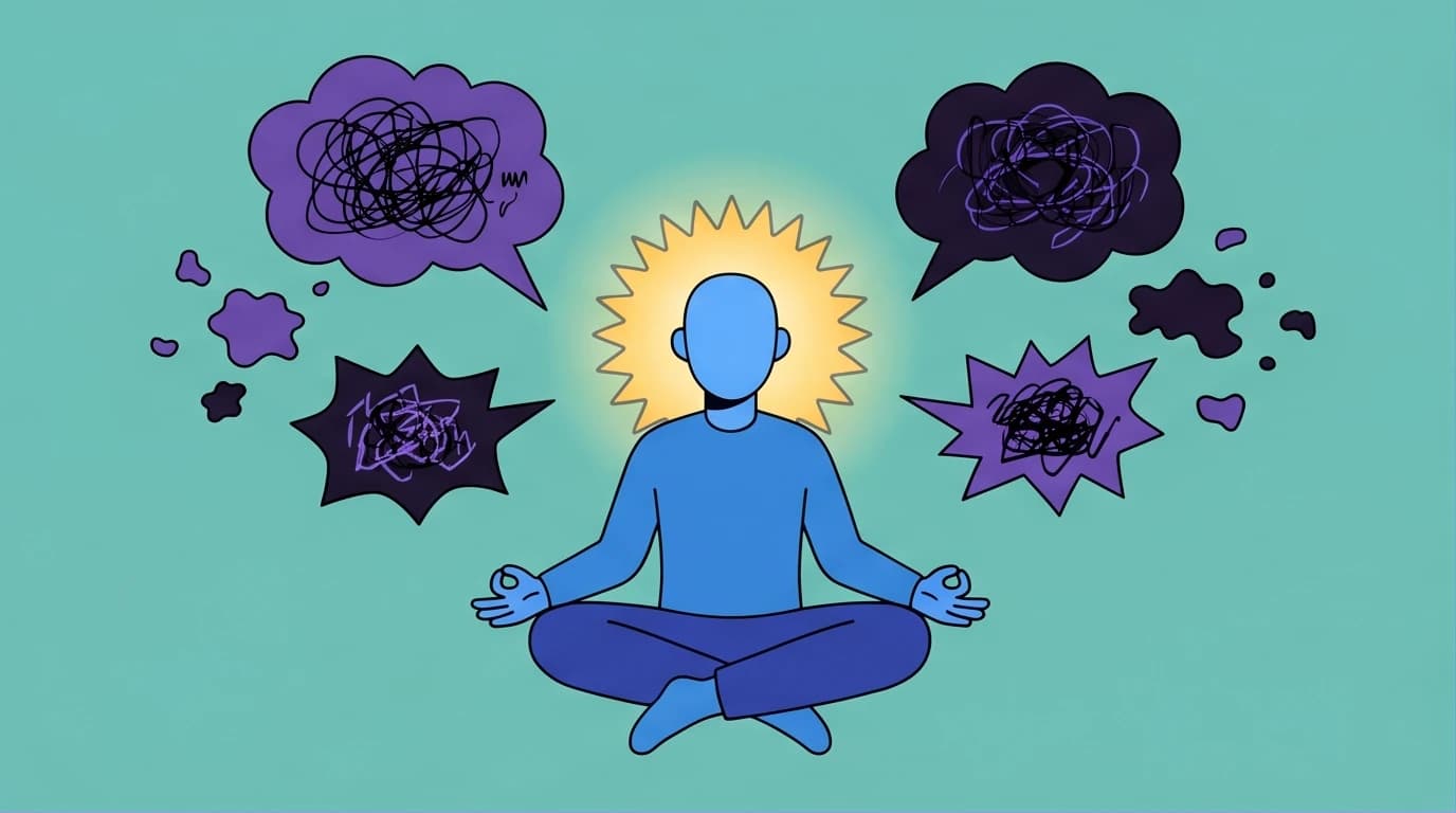 An illustration of a person finding peace in the present moment by dissolving anxious thoughts, a core insight from this Eckhart Tolle The Power of Now summary.