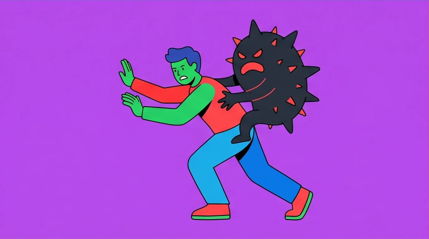 An illustration of a person fighting off the parasitic "pain-body," a concept about accumulated emotional pain from The Power of Now summary.