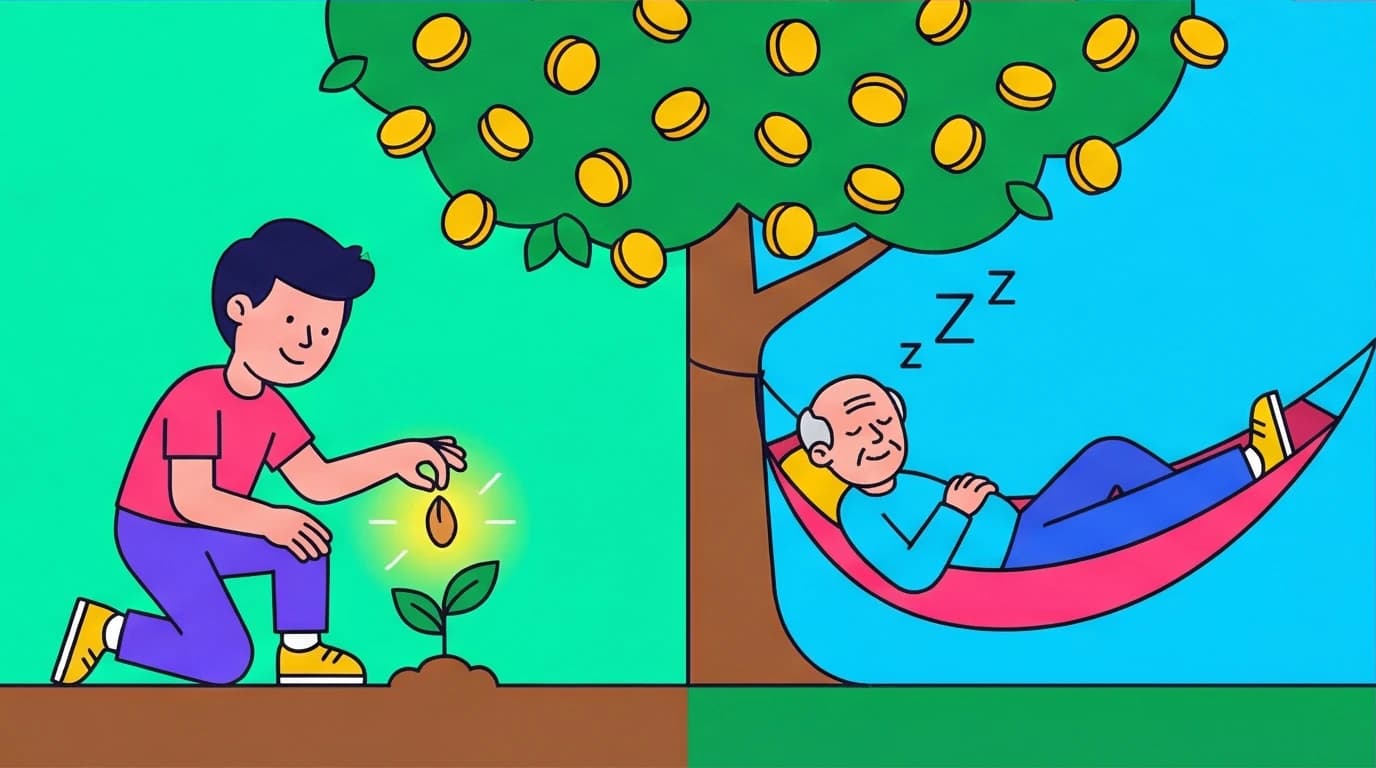 An illustration showing a small seed growing into a giant money tree, visualizing the power of compounding for building long-term wealth.