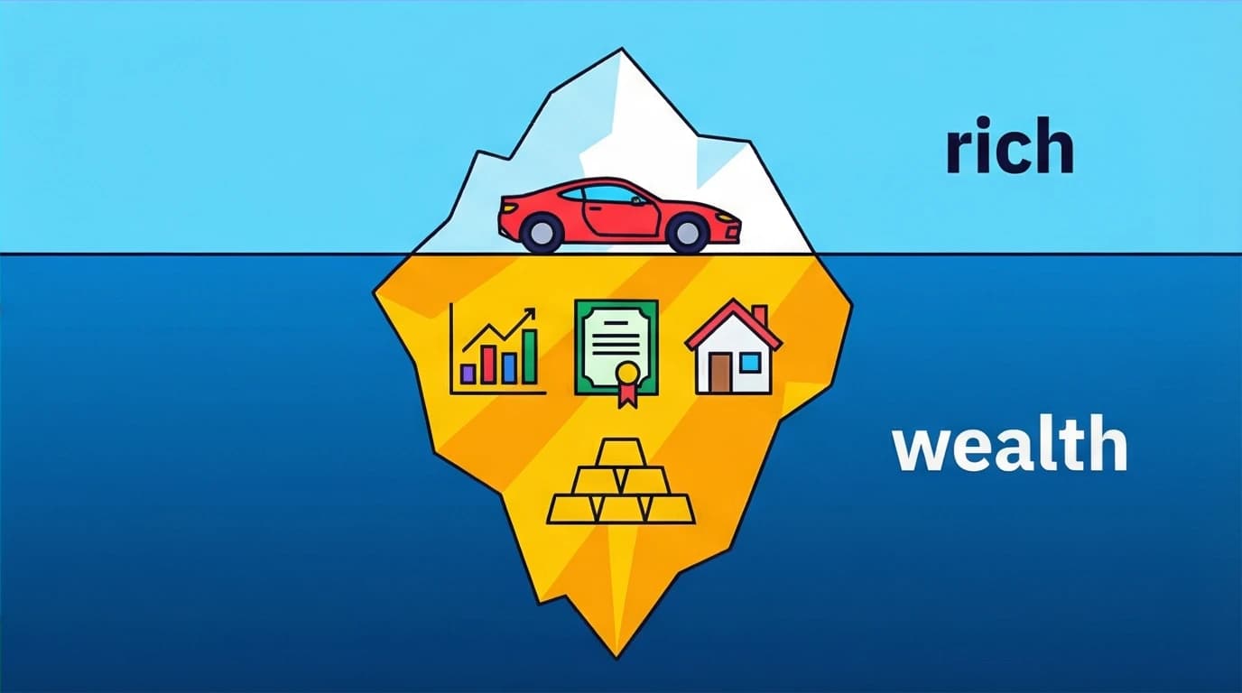 An iceberg illustration contrasting a visible luxury car (rich) with vast hidden assets below (wealth), a key lesson from The Psychology of Money.