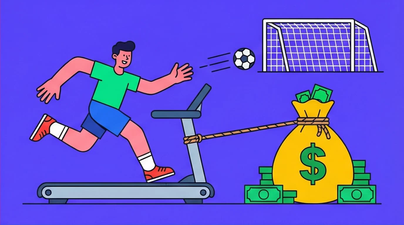 A character endlessly chasing a moving goalpost, illustrating the 'Never Enough' concept where financial expectations rise with wealth.