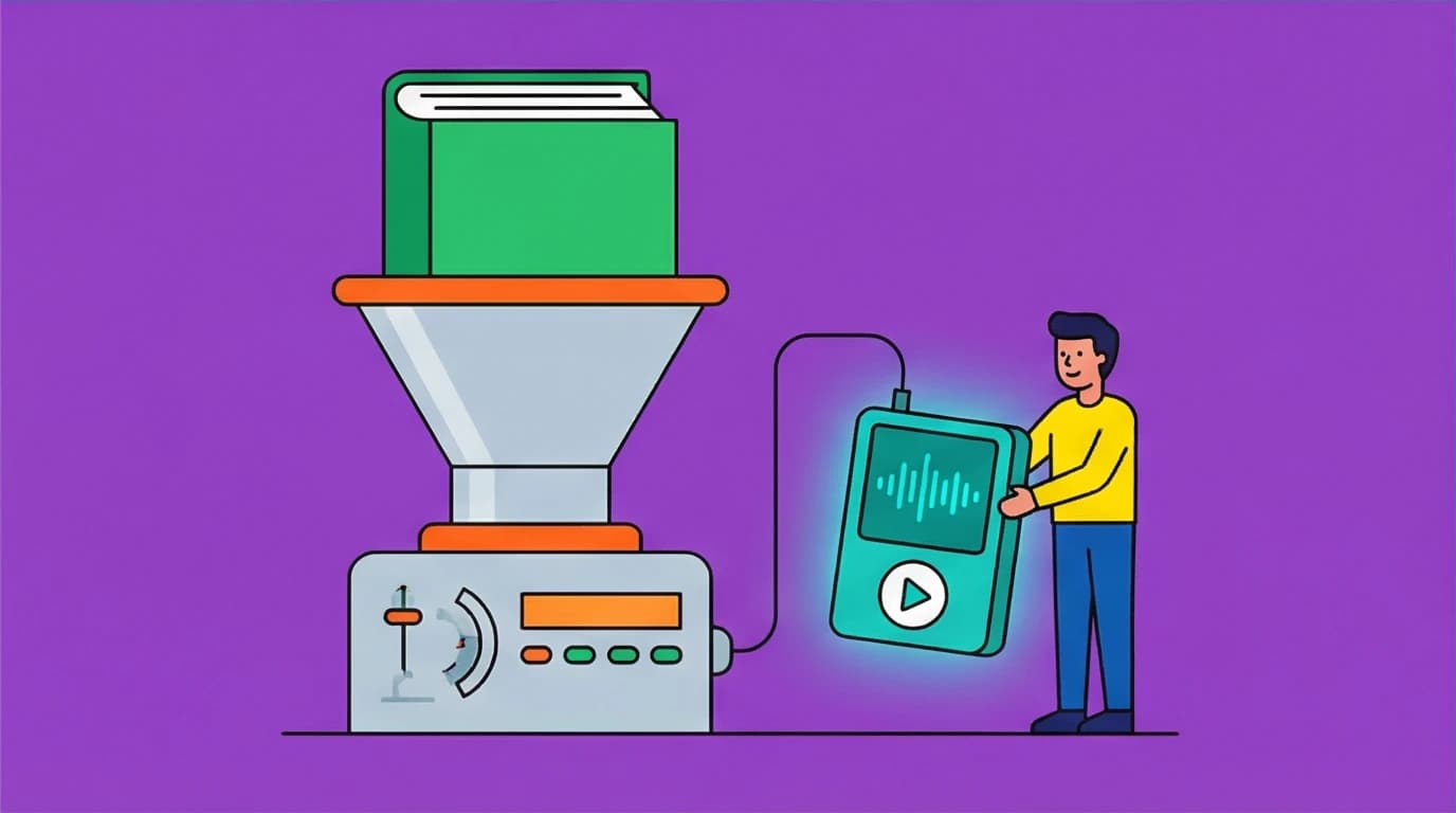 A large book being condensed into a quick audio summary, representing a fast way to learn from Think and Grow Rich.