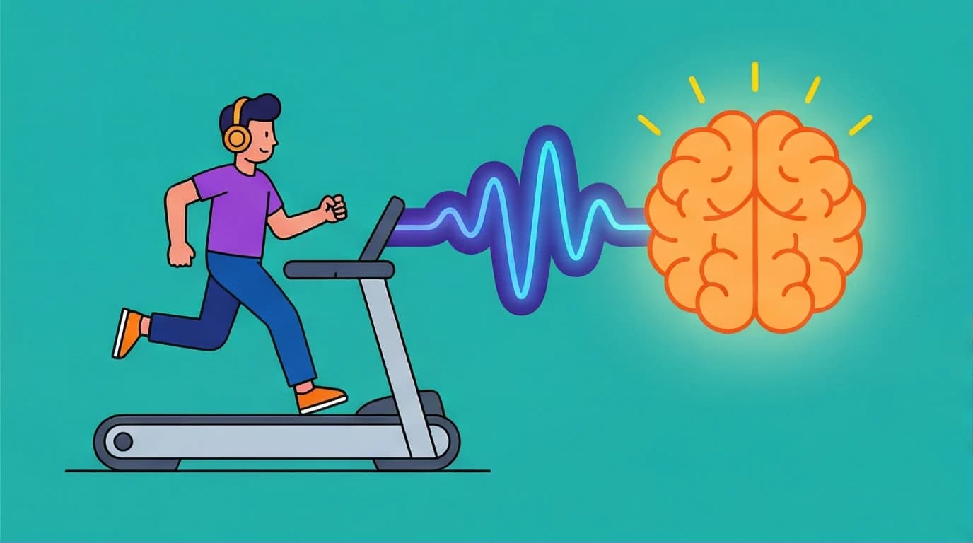 Illustration of a person listening to the Think and Grow Rich audiobook while on a treadmill, absorbing wealth-building principles.