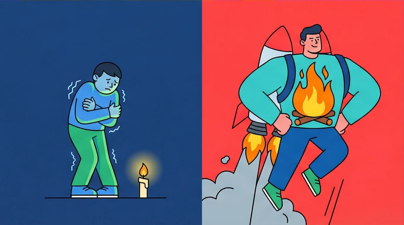 A comparison of weak desire (a small candle) versus burning desire (a powerful bonfire), a key concept from Think and Grow Rich quotes.