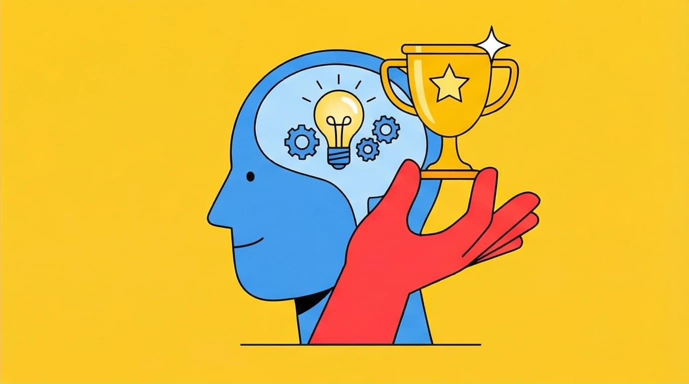 A mind conceiving an idea that transforms into a golden trophy, illustrating Napoleon Hill's 'conceive, believe, achieve' quote for success.