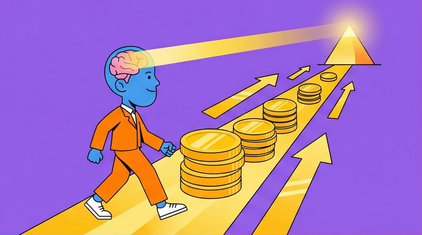 Illustration of a person's thoughts creating a golden path to success, symbolizing the core principle of Napoleon Hill's Think and Grow Rich quotes.