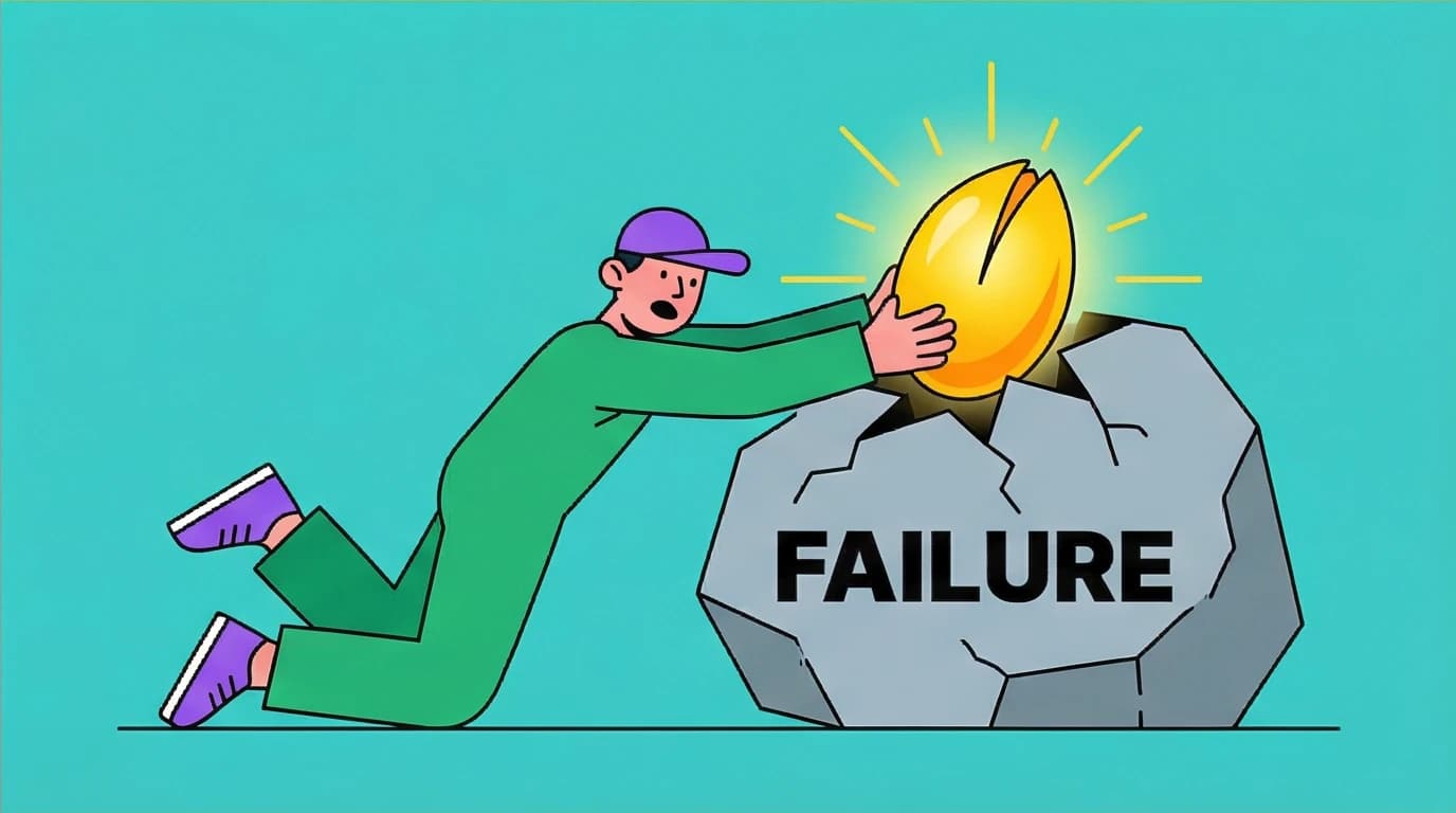 A person finds a glowing golden seed inside a cracked rock of failure, representing the benefit of persistence from Napoleon Hill's wisdom.