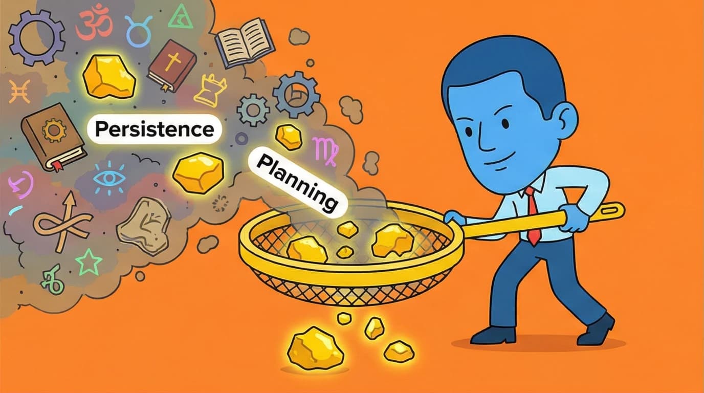 An illustration of filtering valuable business principles from the outdated concepts in Napoleon Hill's Think and Grow Rich.