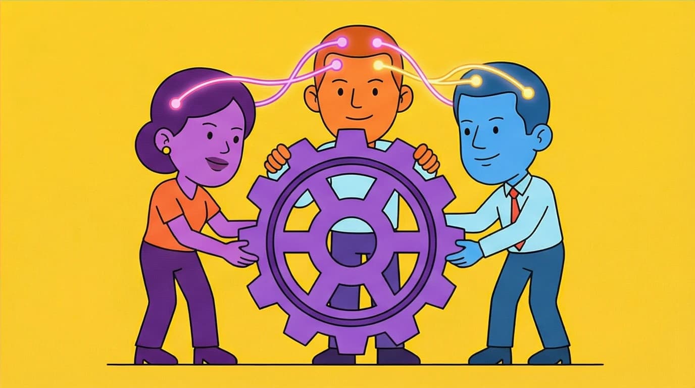 Illustration of a modern Mastermind group working together, a core business strategy from Napoleon Hill's Think and Grow Rich.