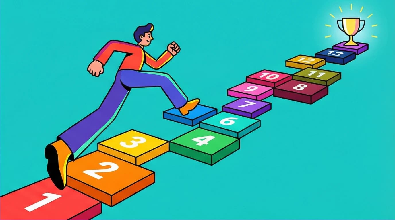 A character following the 13 principles of success from Think and Grow Rich, shown as a clear, step-by-step path to achieving financial goals.