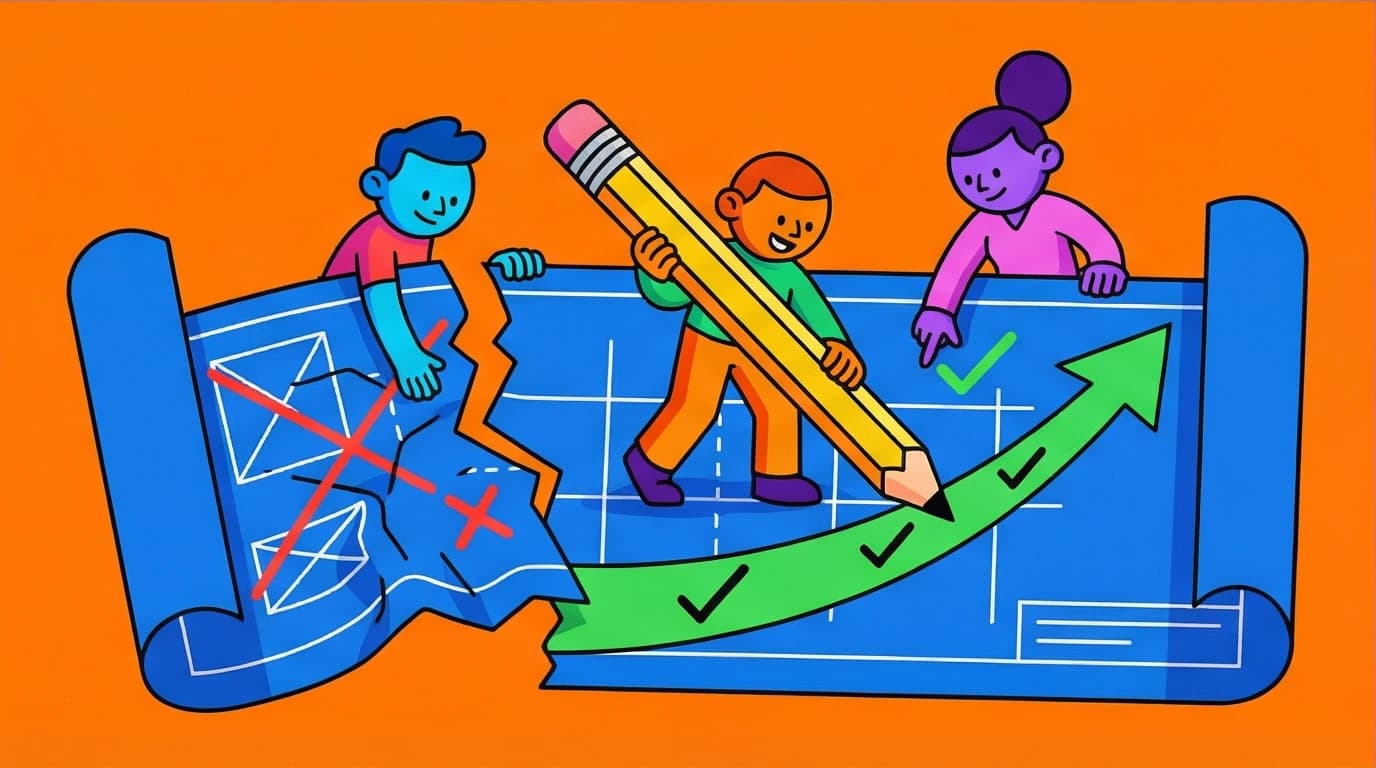 A team demonstrates organized planning by creating a new strategy after a failure, a key lesson for success from Napoleon Hill's book.