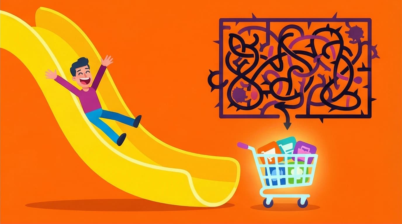 A person on a frictionless slide into a shopping cart, illustrating how System 1 thinking increases marketing conversions.