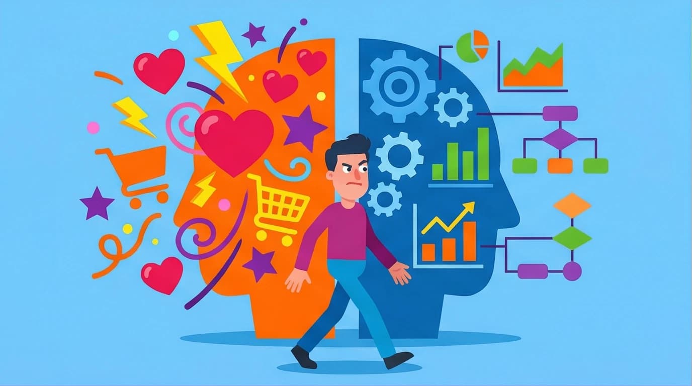An illustration showing the two sides of the brain, System 1 and System 2, for Thinking Fast and Slow marketing and behavioral economics.