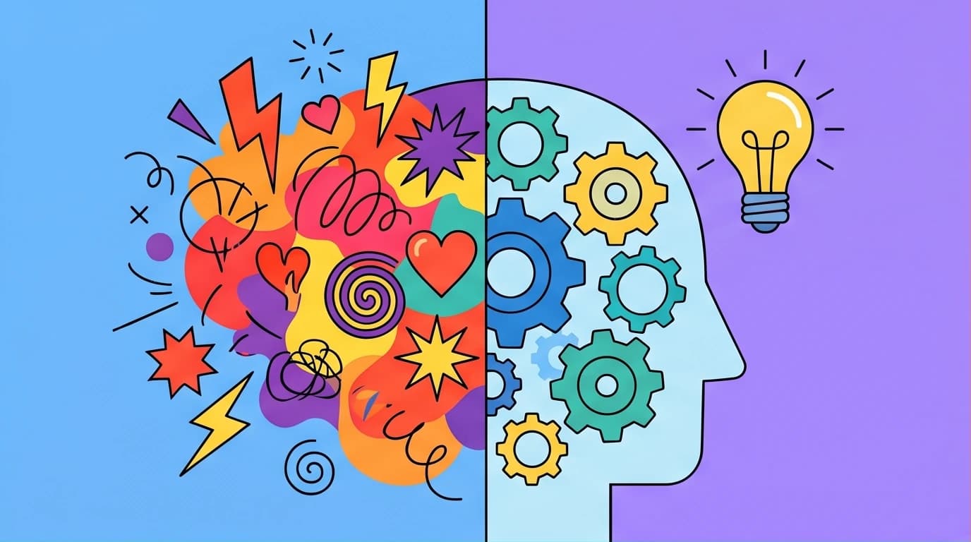 An illustration showing the chaotic System 1 vs the logical System 2, a core concept in the book Thinking Fast and Slow by Daniel Kahneman that explains human decision-making.